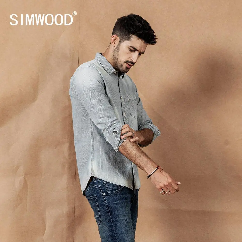 SIMWOOD Vintgae Striped Shirts Men Fashion Retro 2020 spring new 100% cotton Shirt Button-Down Collar plus size Shirts 190401