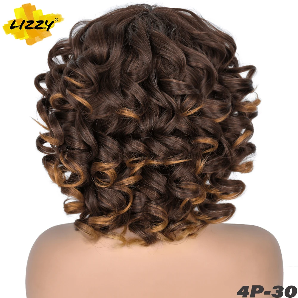 Short Hair Afro Curly Wig With Bangs Loose Synthetic Cosplay Fluffy Shoulder Length Natural Wigs For Black Women Dark Brown 14