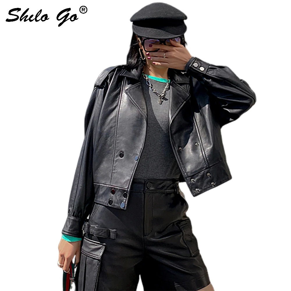 Genuine Leather Jacket Highstreet Notched Neck Drop Shoulder Bishop Sleeve Sheepskin Coat Women Autumn Winter Casual Outwear