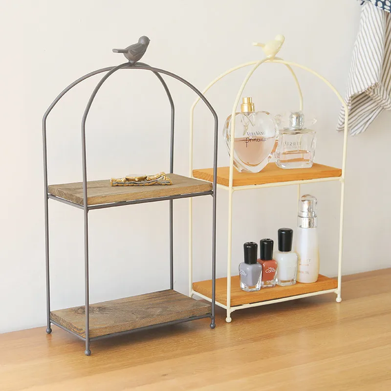

Japanese Iron Double Storage Rack Solid Wood Bird Desktop Shelf Kitchen Bathroom Cosmetics Finishing Rack