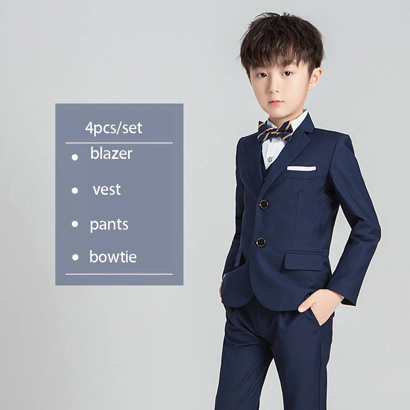 4pcs navy suit Свадебные платья принцессы с цветочным рисунком для мальчиков, комплект из 5 предметов, детское фортепиано, вечерние костюмы для выступлений, детский Блейзер, жилет, брюки, рубашки, галстук-бабочка - Цвет: 4pcs navy suit
