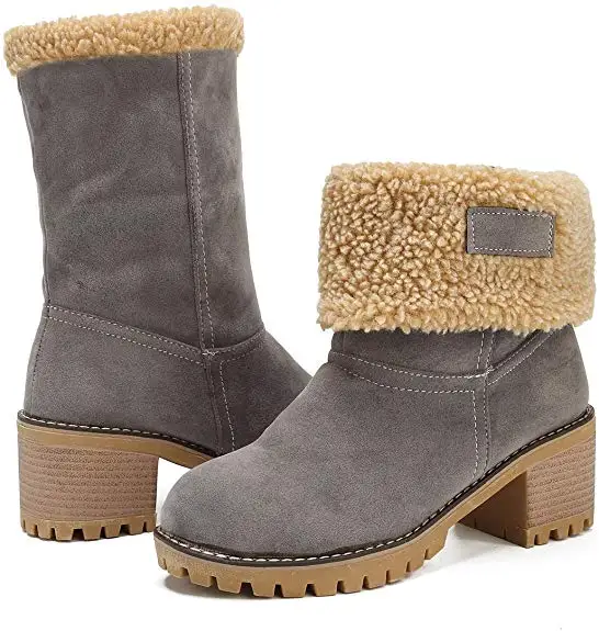 Женские зимние ботинки на высоком квадратном каблуке; Chaussure; Теплая обувь на меху; милые женские ботиночки; Зимние ботильоны - Цвет: Gray