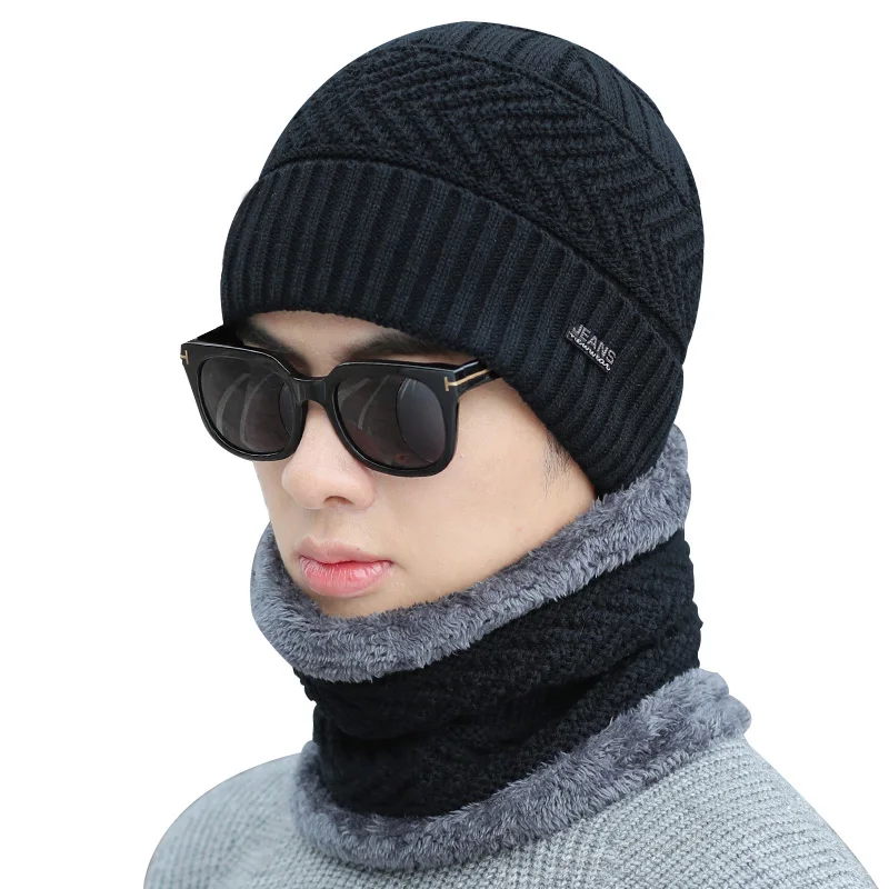 2pcs / комплект шапка мода шапка мужская зимняя вязание шапки для мужские теплый толстый плюс футеровка акрил шапка - Цвет: Black