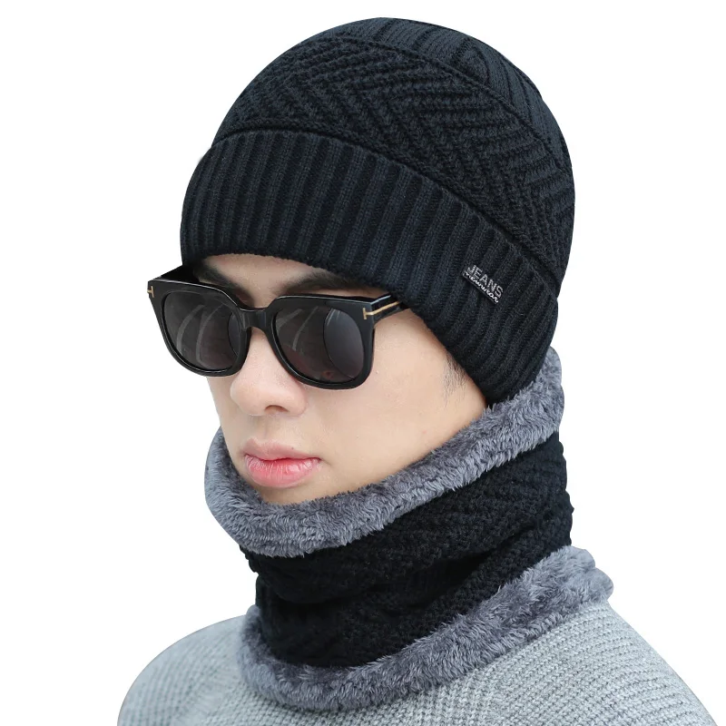 Black 2pcs / комплект шапка мода шапка мужская зимняя вязание шапки для мужские теплый толстый плюс футеровка акрил шапка - Цвет: Black