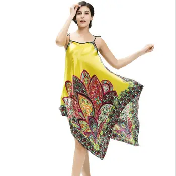 

Sexy Chinese Female Satin Spaghetti Strap Nightgowns Women Vintage Robe Gown Nightie Floral Print Loose Dress