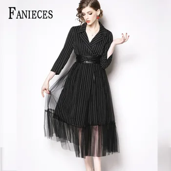 

New Striped Business Dress women long-sleeved Mid-length Summer Autumn Casual Office Ladies' A-line Dresses Formal femme robe