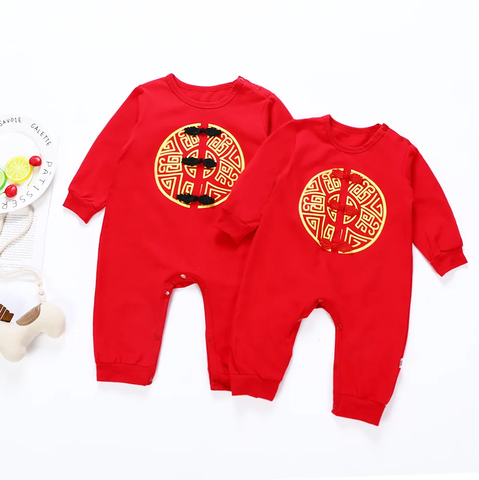 Unisex Baby Chinese Tang Suits Rompers Long Sleeve Festival Red Outfit