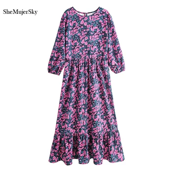 

SheMujerSky Autumn Women Midi Dress 2019 Vintage Floral Print Bohemian Dresses Long Sleeve Bodycon robe femme