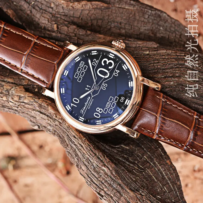 Модные простые мужские механические часы с автоматическим заводом, светящиеся часы из натуральной кожи, мужские водонепроницаемые часы 30 м в подарок