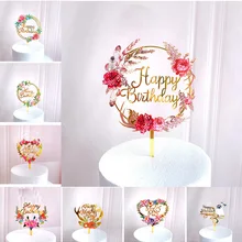 New Rose Flowers Happy Birthday Acrylic Cake Toppers Gold Birthday Cake Topper Decor