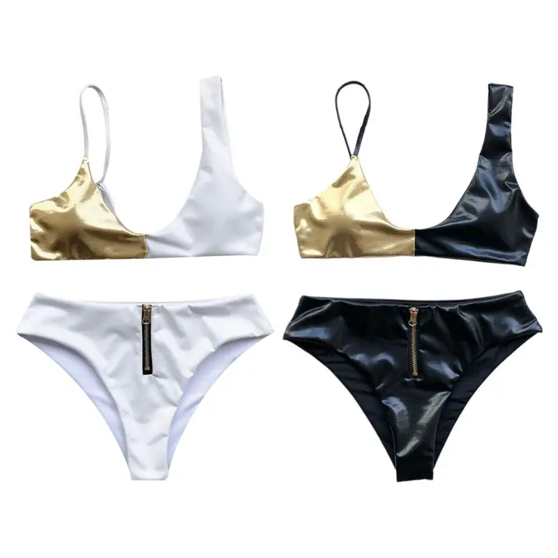 

Women Sexy Two Piece Bikini Wetlook Artificial Leather Color Block Swimsuit Irregular Straps High Waist Zipper Beachwear
