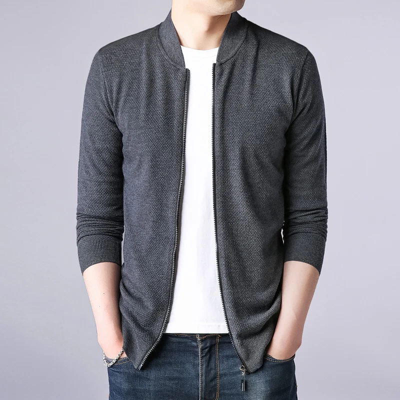 Sweater coat men's stand collar zipper long-sleeved knit coat Fashion city simple versatile high-end slim coat 2019