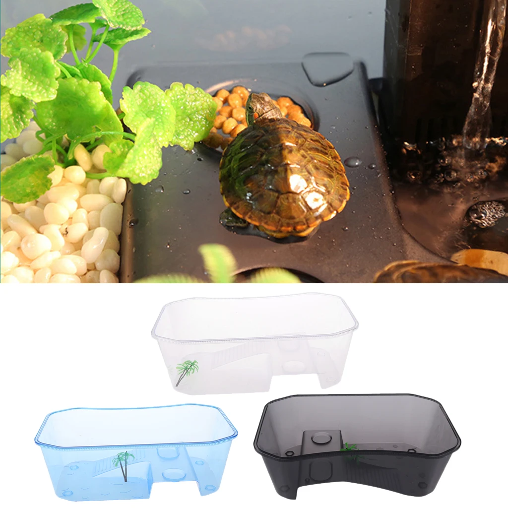 Translucent Plastic Reptile Lizard Terrapin Tortoise Turtle Tank Vivariums Reptile Terrarium Box with Coconut Tree Ornament