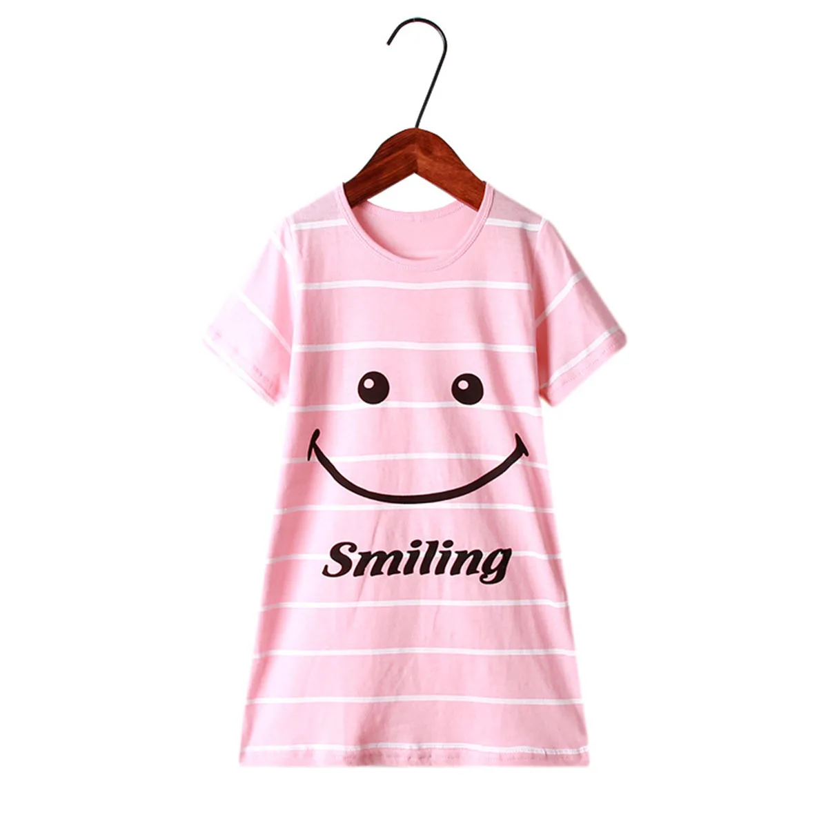 Infant Kids Girls Summer Cozy Casual Pajama Big Smile Pattern Letter T-Shirt Dress Sleepwear Striped Short Sleeve Outfit |