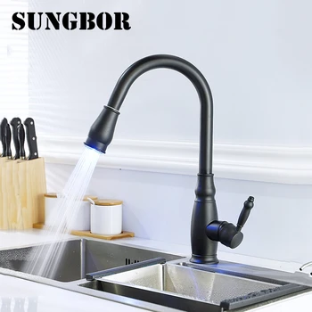 

The black elbow kitchen faucet with LED light can be pulled out and explosion-proof, chrome-plated brushed fashion simple high-q