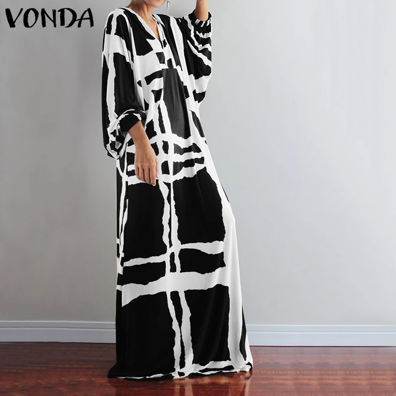 VONDA/Платье макси с принтом, осень, сексуальные платья с v-образным вырезом и длинными рукавами, женские свободные сарафаны, повседневные богемные платья, 5XL