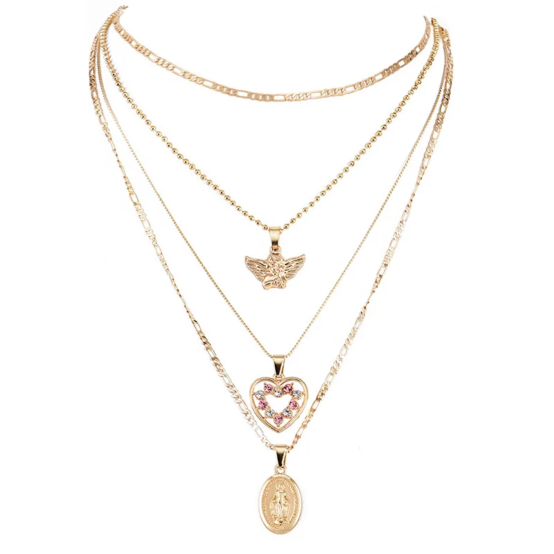 Женское Ожерелье s Angel Heart розовый кристалл Девы Мэри подвеска цепочка на ключице многослойный набор золотого ожерелья Подарочные украшения для помолвки