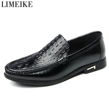 

LIMEIKEGenuine Leather Men Loafers Casual Dress Shoes Slip-on Driving Flats Crocodile Pattern Summer