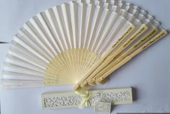 

50 pcs/lot Customize Personalized Bride & Groom's name & date Silk Folding Hand Fan Laser Cut Gift Box Wedding Baby Shower Gifts