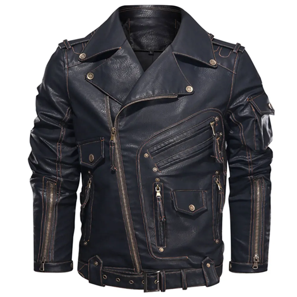 Goocyber Mens Fashion Lapel Multi-Zipper PU Leather Jacket