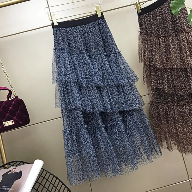 Сексуальные женские юбки с леопардовым принтом и кружевами, Harajuku, повседневные сетчатые газовые весенние и летние тонкие плиссированные юбки в стиле бохо