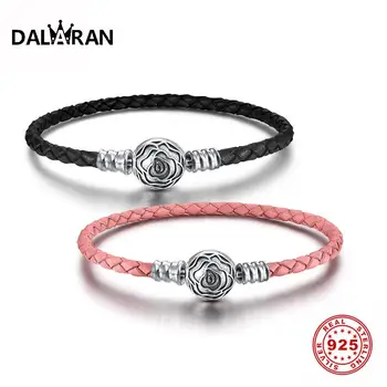

DALARAN Genuine Black Pink Leather Chain Women Bracelets With 925 Sterling Silver Rose Clasp Bead DIY Making Silver 925 Jewelry