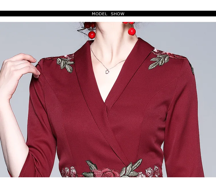 Новое Красное Платье макси с цветочной вышивкой Zomerjurk Dames Подиумные Длинные вечерние платья с v-образным вырезом Robe Longue Femme ropa mujer K3615