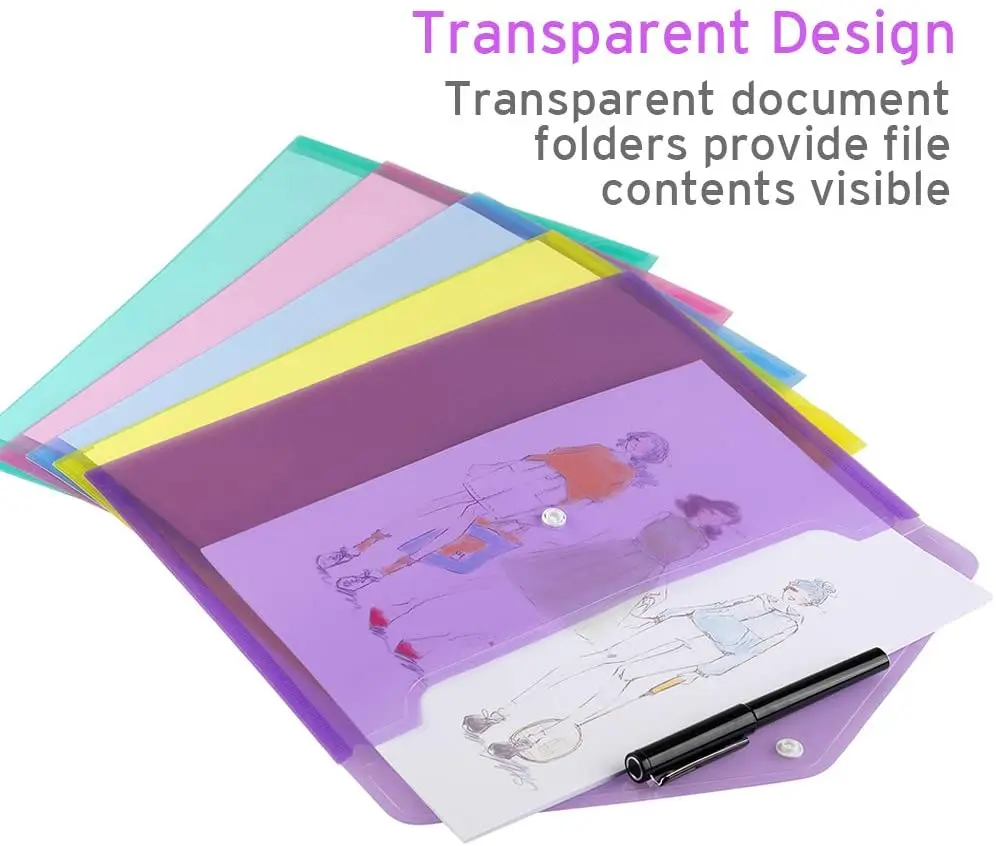 5pcs A4 Size Plastic Envelopes Clear Document File Envelope Folders with Label Pocket & Snap for School Home Office Supplies