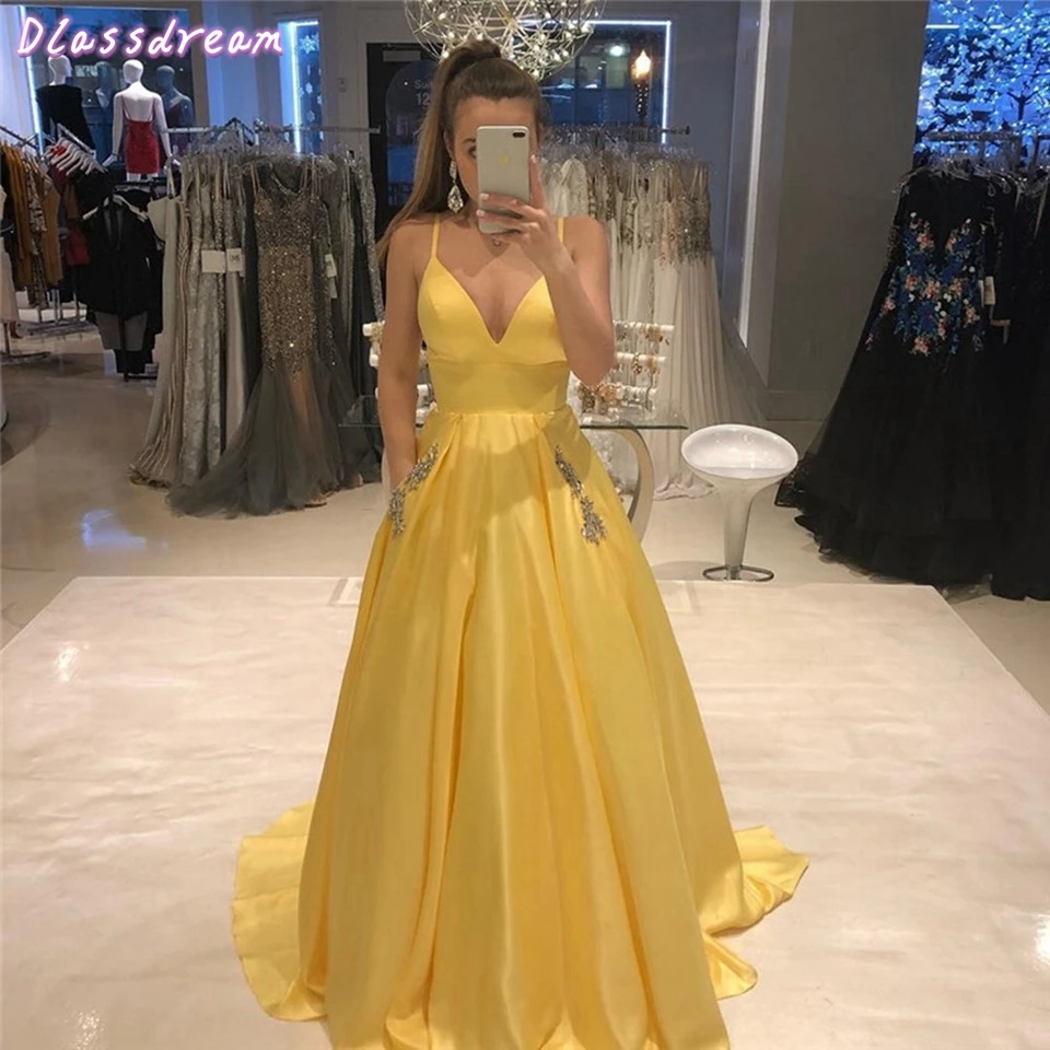 

Long Prom Dresses 2020 Yellow Spaghetti Straps Formal Party Sleeveless High Quality Evening Gowns Satin A-Line Simple Prom Dress