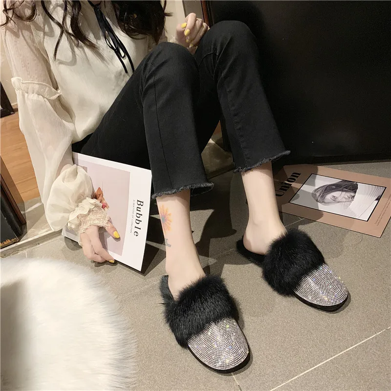 Koop Ronde Neus Designer Haar Schoenen Vrouwen Luxe 2019 Strass Bont Crystal Slippers Diamant Muilezels Anti Op Half Slippers Flats Schoenen