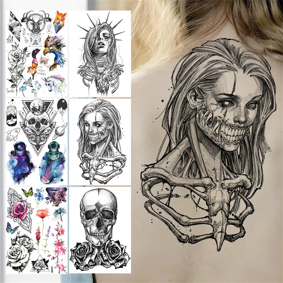 Gangster Skelet Tijdelijke Tatoeages Voor Vrouwen Mannen Volwassen Evil Demon Tattoos Sticker Fake Bloem Zwarte Death Skull 3D Tatoos Papier _ foto