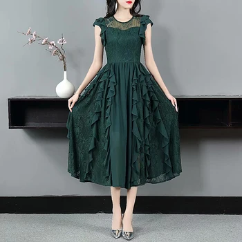 

High Quality Summer 2020 New Women'S Fashion Party Sexy Casual Vintage Elegant Chic Gentlewoman Lace Stitching Midi Dress