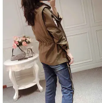 

Women Jacket Sleeve Heavy Industry Embroidery Waist Dark Army Green Work Jacket