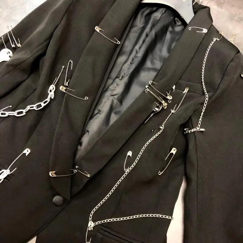 2020 Spring New Pin Chain Punk Style Small Suit Cropped Jacket Slim-Fit Suit Jacket Women High Street Black Blazer Coat Femme