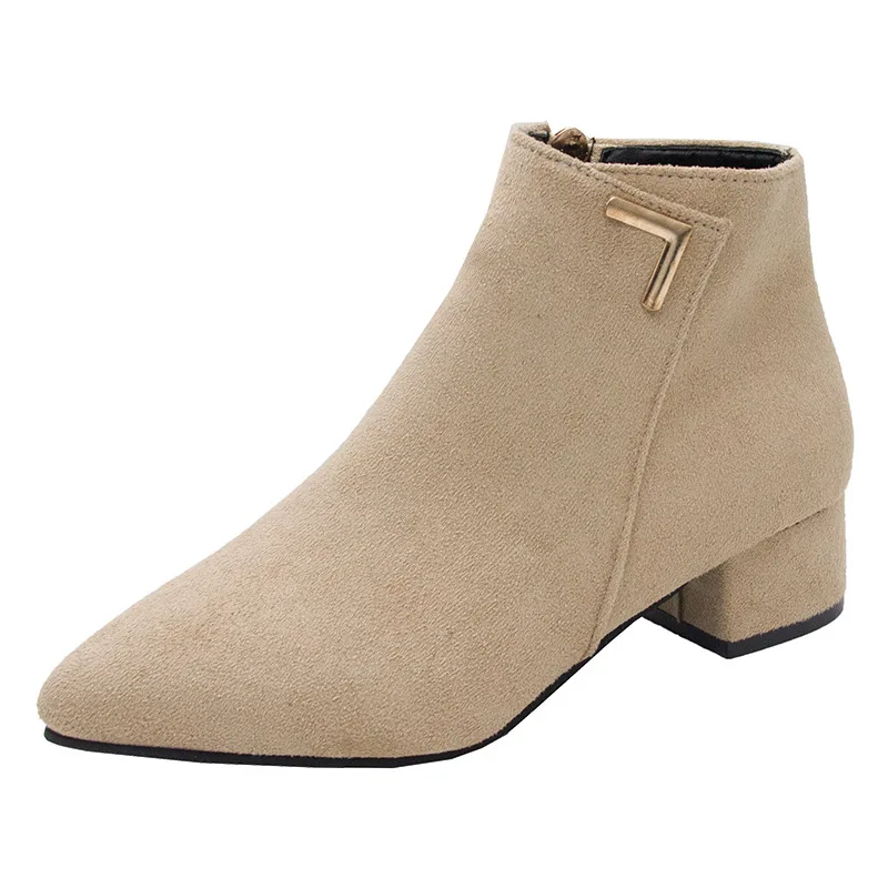 

Beige Women's Ankle Boots Autumn and Winter Zipper Solid Ladies Chelsea Boots Pointed Toe Female Flat Boots