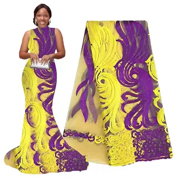 

Yellow Purple Tulle Lace Fabric High Quality Swiss African Lace with Stones African French Lace for Asoebi