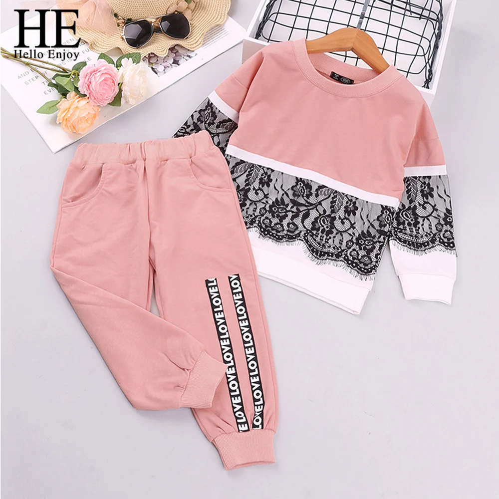 

HE Hello Enjoy Girls Clothing Sets New Autumn Active girls clothes L Children Clothing Cartoon Print Sweatshirts+Pants Suit 3-7Y