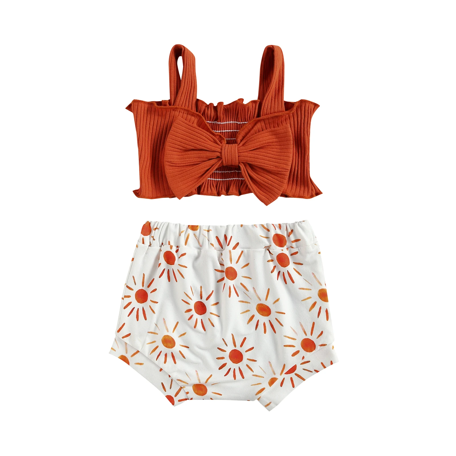 newborn baby clothing set Baby Girl 2Pcs Summer Clothes Set, Solid Color Big Bow Decoration Short Ribbed Tank Tops with Rainbow Printed Triangle Shorts new baby clothing set	 Baby Clothing Set