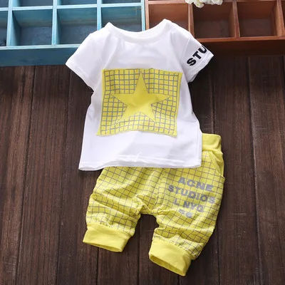 Новые летние хлопковые комплекты с короткими рукавами для маленьких мальчиков и девочек, костюм с героями мультфильмов, детская одежда из 2 предметов для 0-2 лет - Цвет: F03-Yellow-