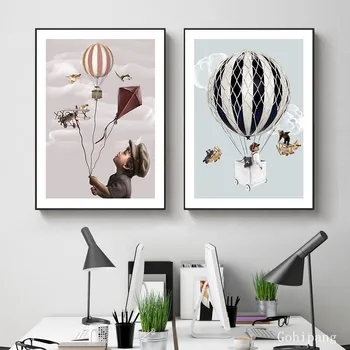 

Children Room Wall Decoration Dream Hot Air Balloon Animal Pictures Nordic Style Canvas Painting Wall Art Poster No Frame