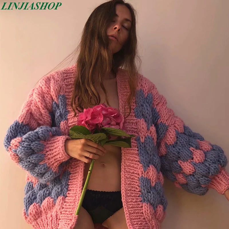 

Pure manual mohair wave pattern coat high quality winter plus size cardigans patchwork orange handmade coat sweaters pink