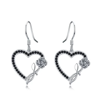 

Black Awn 100% 925 Sterling Silver Earring Heart Black Spinel Anniversary Flower Drop Earrings for Women Fine Jewelry I154