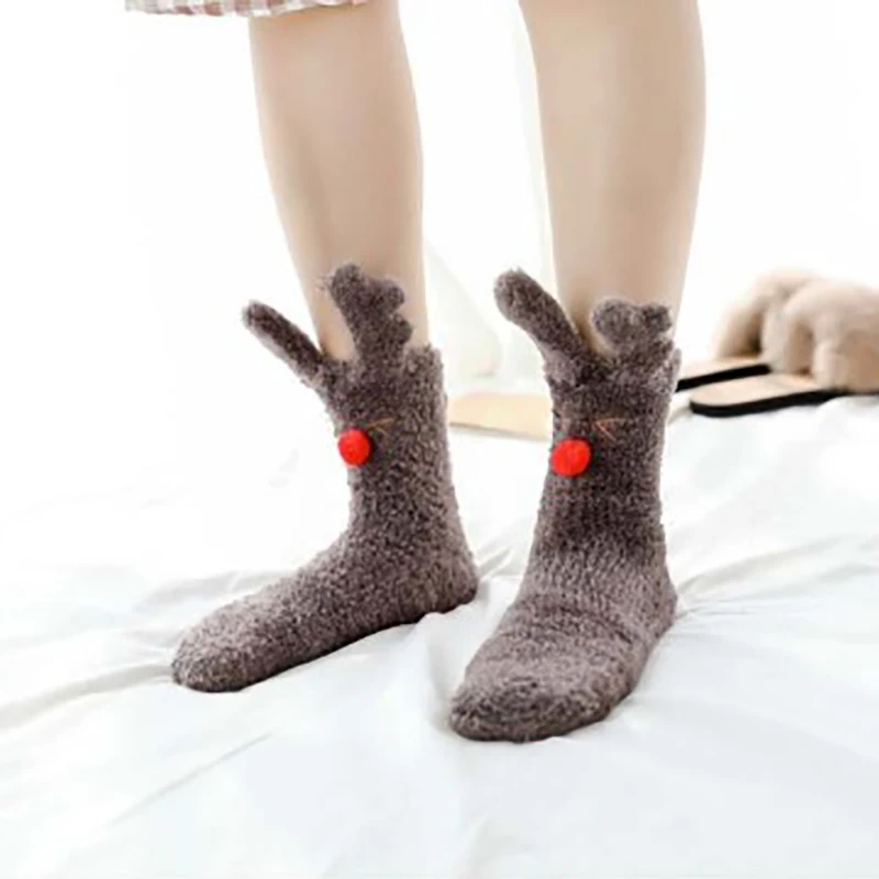 Бархатные женские носки кораллового цвета с объемными ушами кролика теплые носки для дома осень-зима пушистые волосы милые носки для сна с лосем