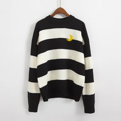 Женские свитера, Kawaii Ulzzang, для колледжа, яркие цвета, в полоску, с Луной, наборы, вышивка, свитер, женский, Harajuku, одежда для женщин - Цвет: Black