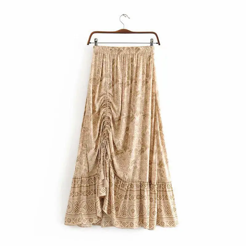 

2019 Summer Fashion Sexy Elastic Waist High Waist Drawstring Pleated Printed Princess Dress Bohemian Longuette
