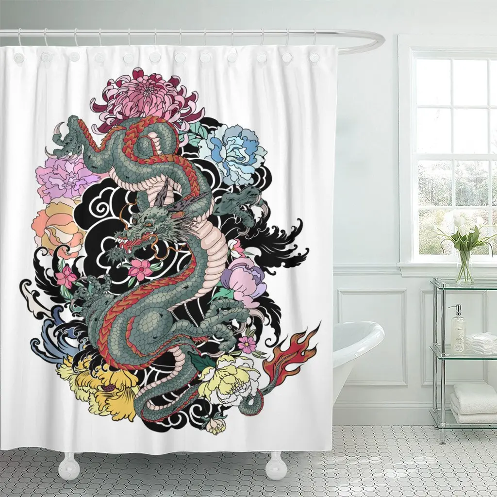 Japanese Old Dragon Tattoo For Arm Peony Flower Lotus Shower Curtain Waterproof Polyester Fabric 60 X 72 Inches Set With Hooks