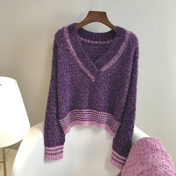 

Winter 2019 new han edition loose languid is lazy coarse needle sweater v-neck hollow-out sets color knit female J3514