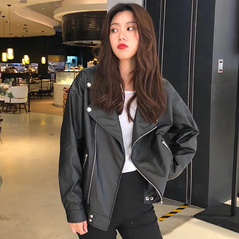 Korean Women PU Leather Jacket Oversized Chic Leather Biker Jacket Women Chaqueta Cuero Mujer Veste Cuir Femme