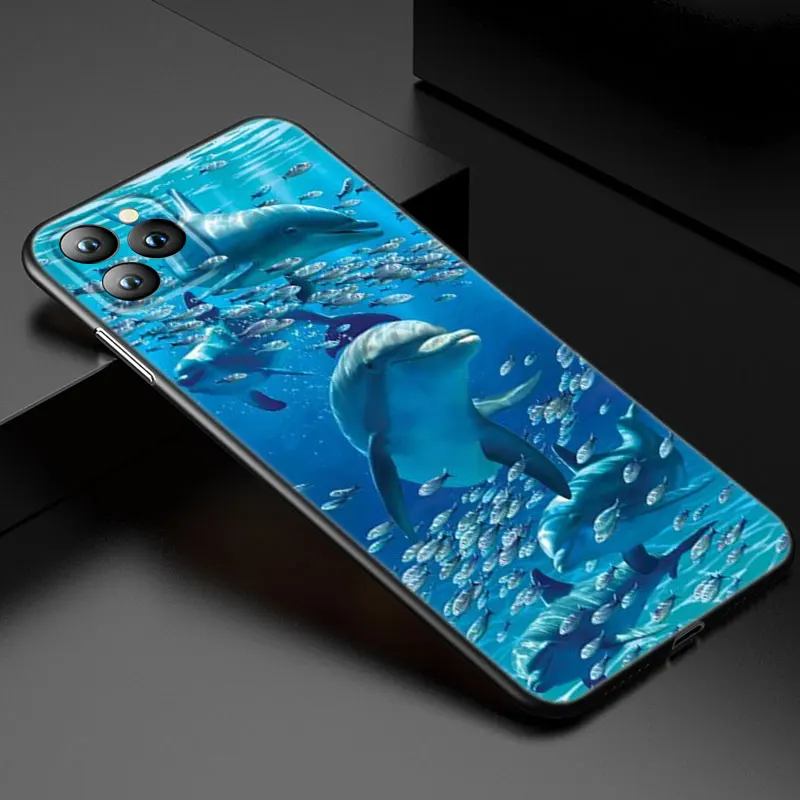 3D Cute Dolphin iPhone Case For iPhone 13 12 Mini 11 Pro XS Max XR X 8 7 6S 6 Plus 5S 5 SE 2020 Soft TPU Black Cover- H62ed28669ea44711a5ae8767de093355F