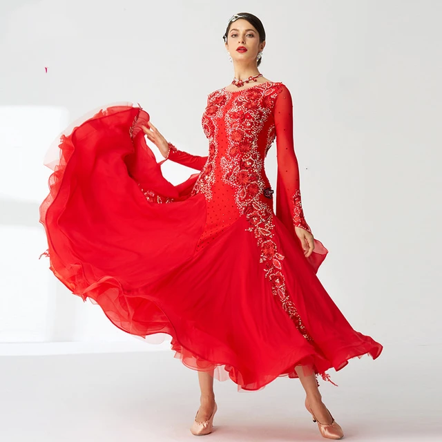 Traje de baile latino Vestido rojo de licra de licra para mujer